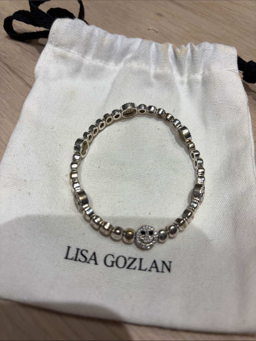 Lisa Gozlan Silver Bead Bracelet with Pave Smiley Charm Size 6
